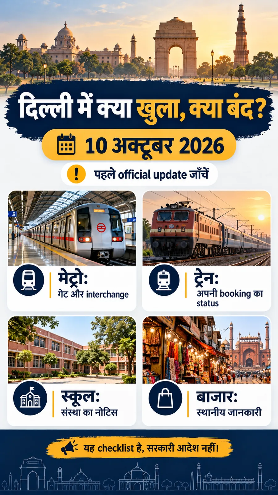 दिल्ली में मेट्रो, ट्रेन, स्कूल और बाजार की जानकारी जाँचने की 10 अक्टूबर 2026 checklist