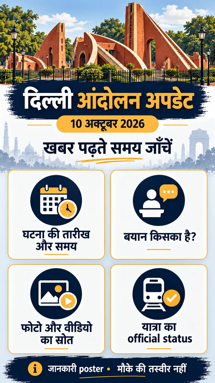 दिल्ली आंदोलन की खबर में तारीख, बयान, फोटो वीडियो स्रोत और यात्रा status जाँचने का पोस्टर