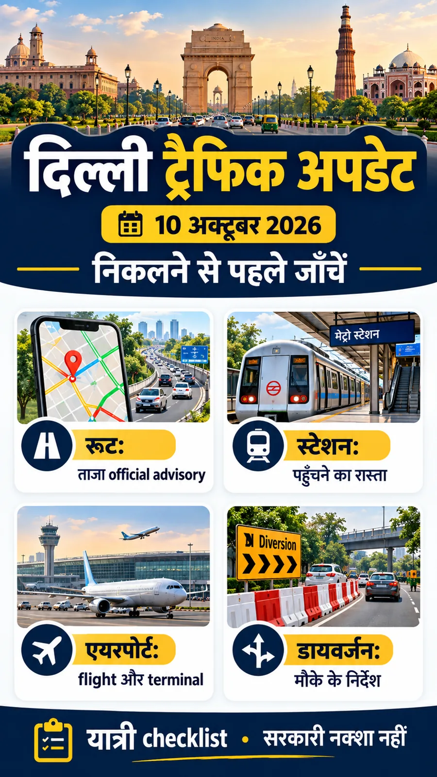 10 अक्टूबर दिल्ली ट्रैफिक: official advisory, स्टेशन access, एयरपोर्ट और diversion जाँचने की checklist