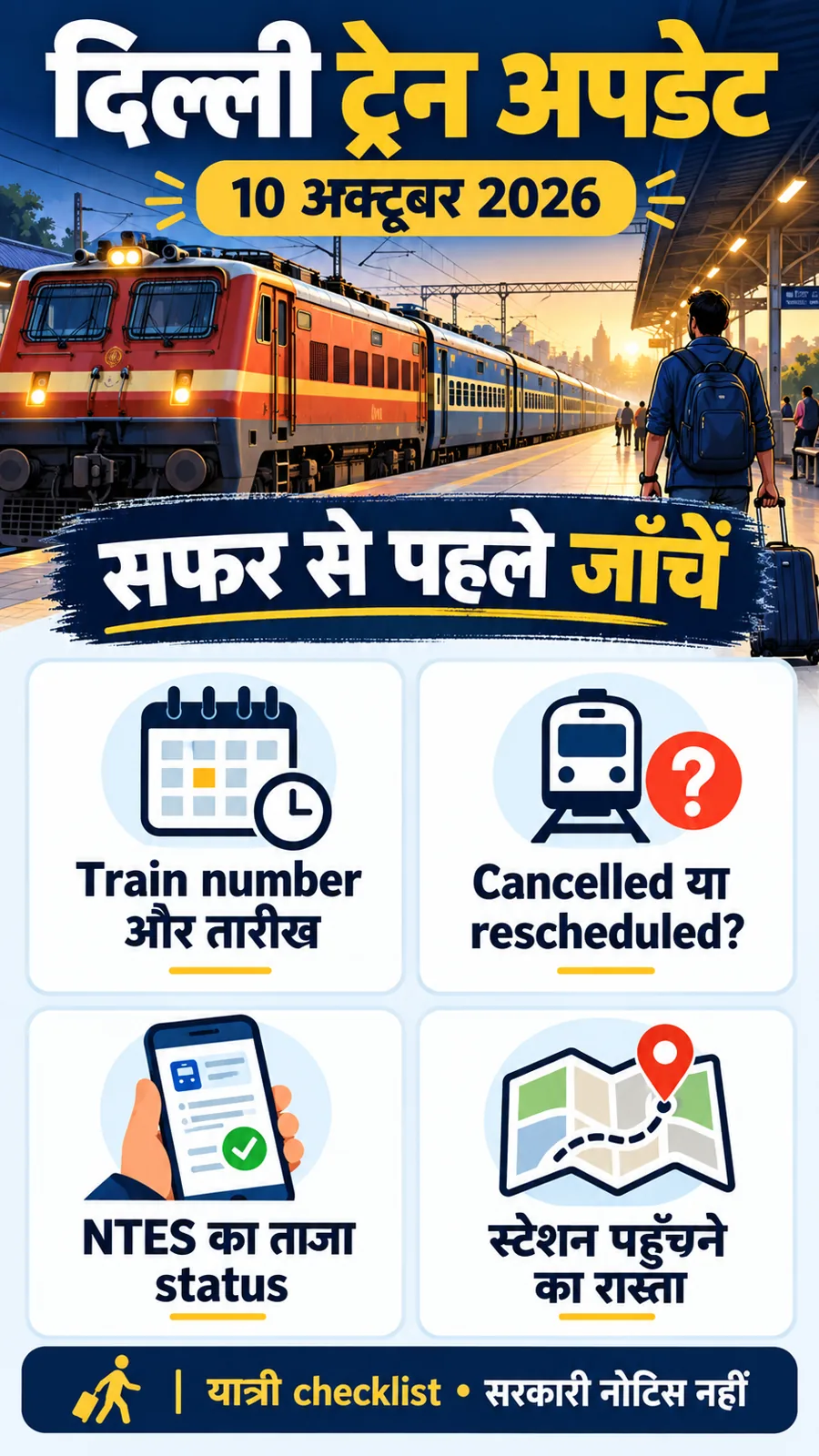 दिल्ली ट्रेन यात्रा 10 अक्टूबर 2026 के लिए train number, तारीख, cancellation और NTES status की checklist