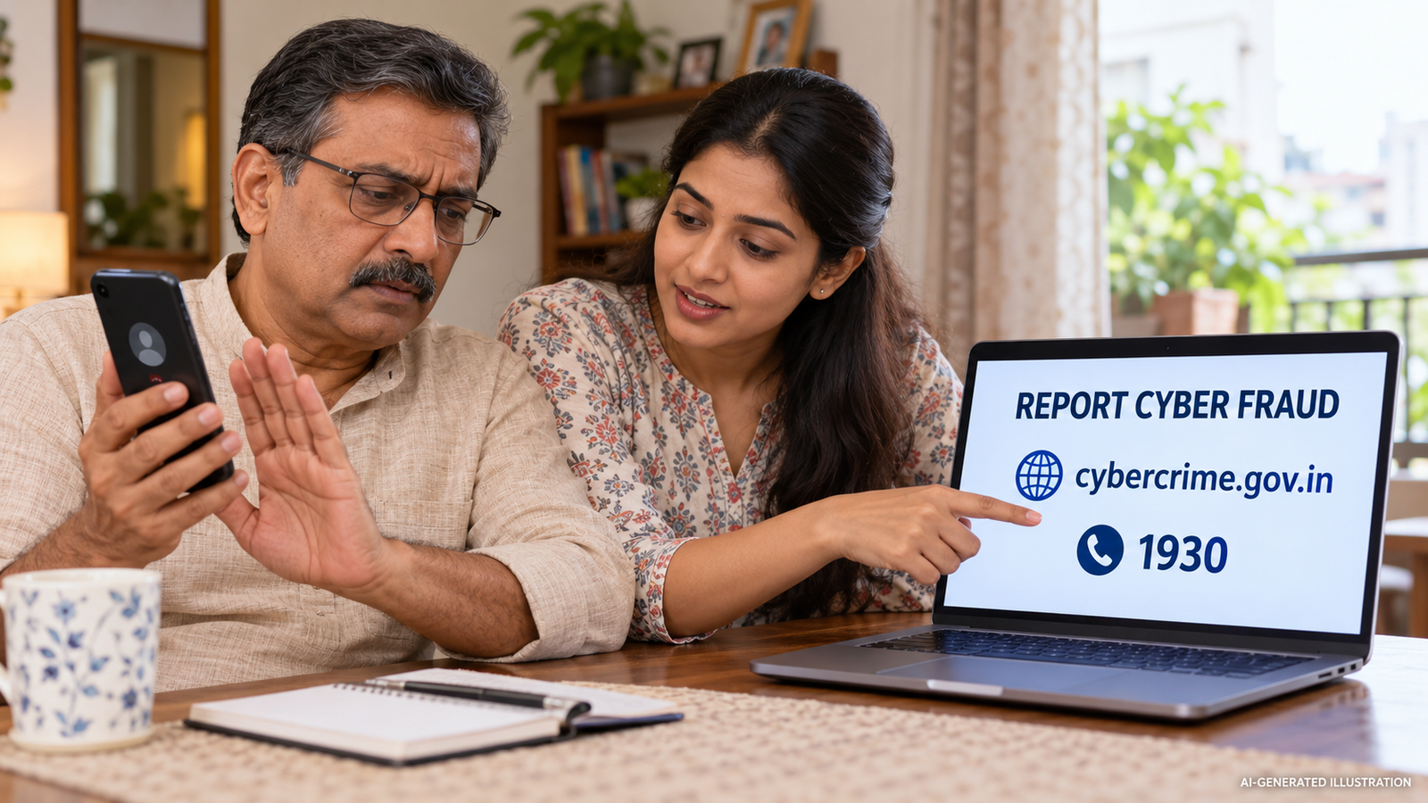 Family consulting cyber fraud reporting information together (AI-generated illustration)