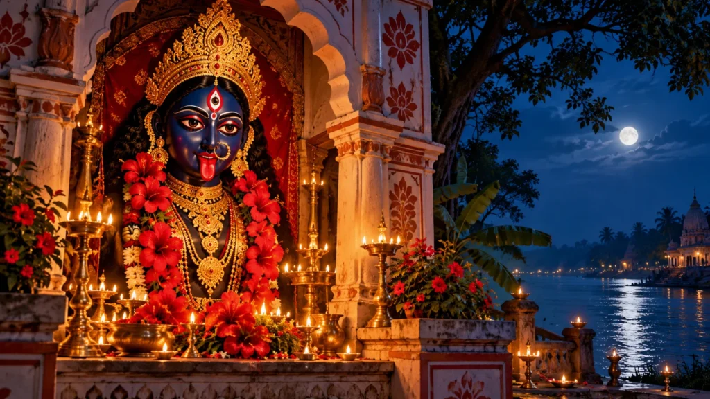 প্রদীপ ও জবা ফুলে সাজানো মা কালীর মন্দিরের ভক্তিমূলক শিল্পচিত্র