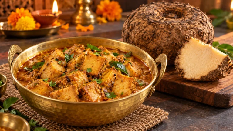 दिवाली के भोजन में सूरन की पकी सब्जी और अलग रखा जिमीकंद