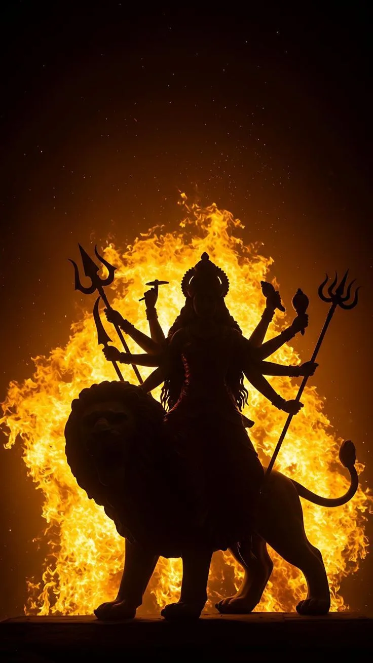 durga ji image hd — dark fire-wall silhouette for phone.