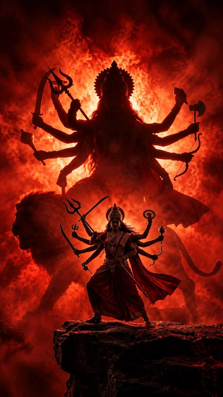 durga maa mobile wallpaper — giant silhouette, strong phone wallpaper.