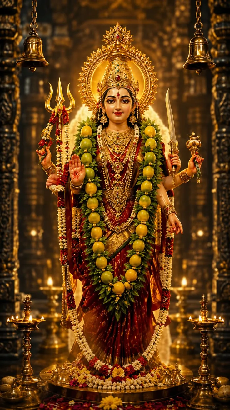 durga ji photo download — trishul, sword, brass bells and diyas.