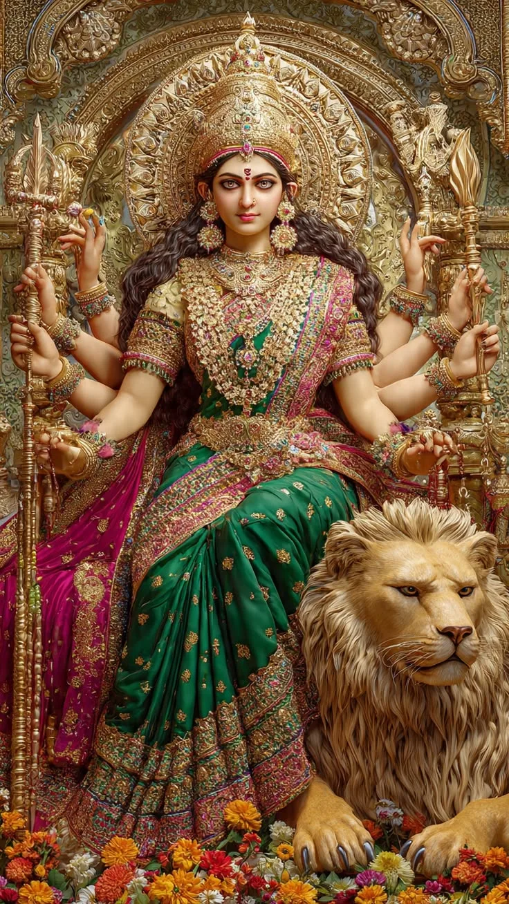 durga ji photo 4k — lion in front, flowers, durga ji phone wallpaper.
