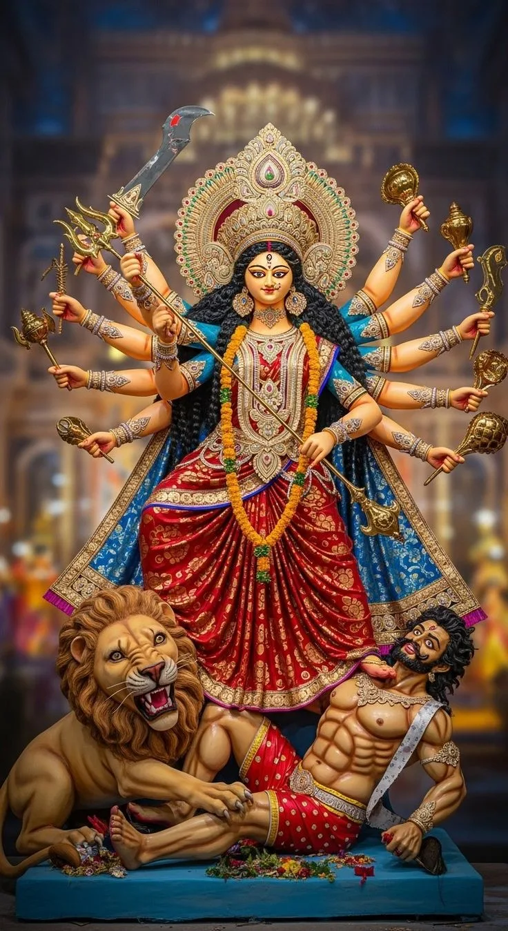 durga ji photo hd — लाल-नीली मूर्ति, सिंह और महिषासुर।
