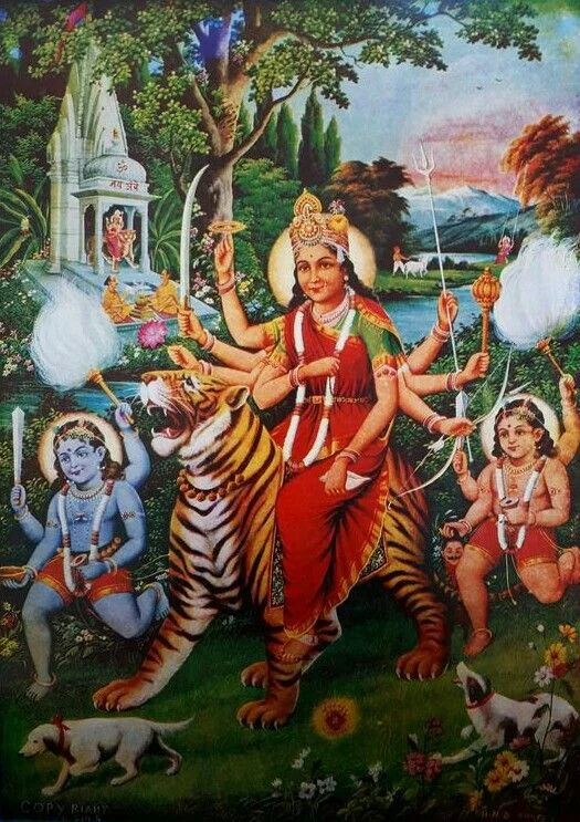शेर पर सवार मां दुर्गा की पारंपरिक विंटेज रंगीन पेंटिंग