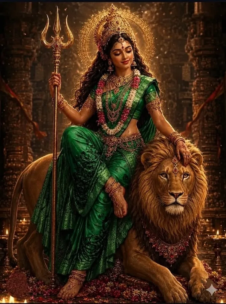 durga ji wallpaper hd 4k — सिंह पर हाथ, शांत मुद्रा।