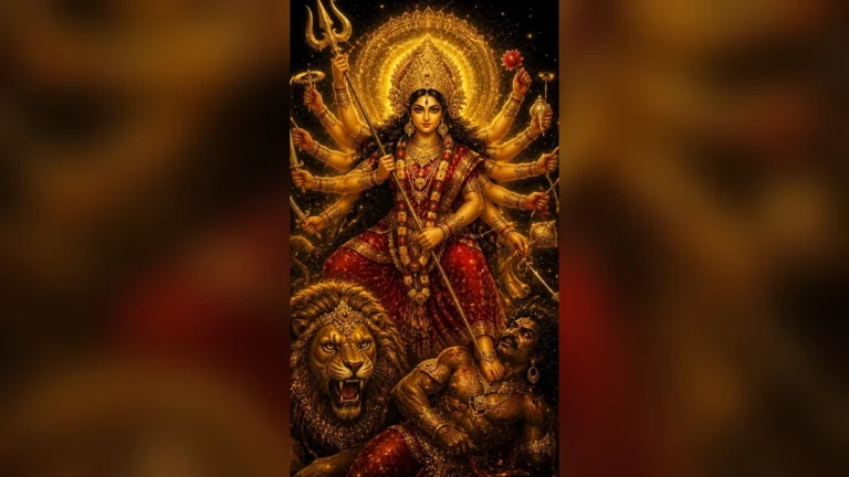 durga ji wallpaper for mobile — तारों वाला सुनहरा प्रभामंडल।