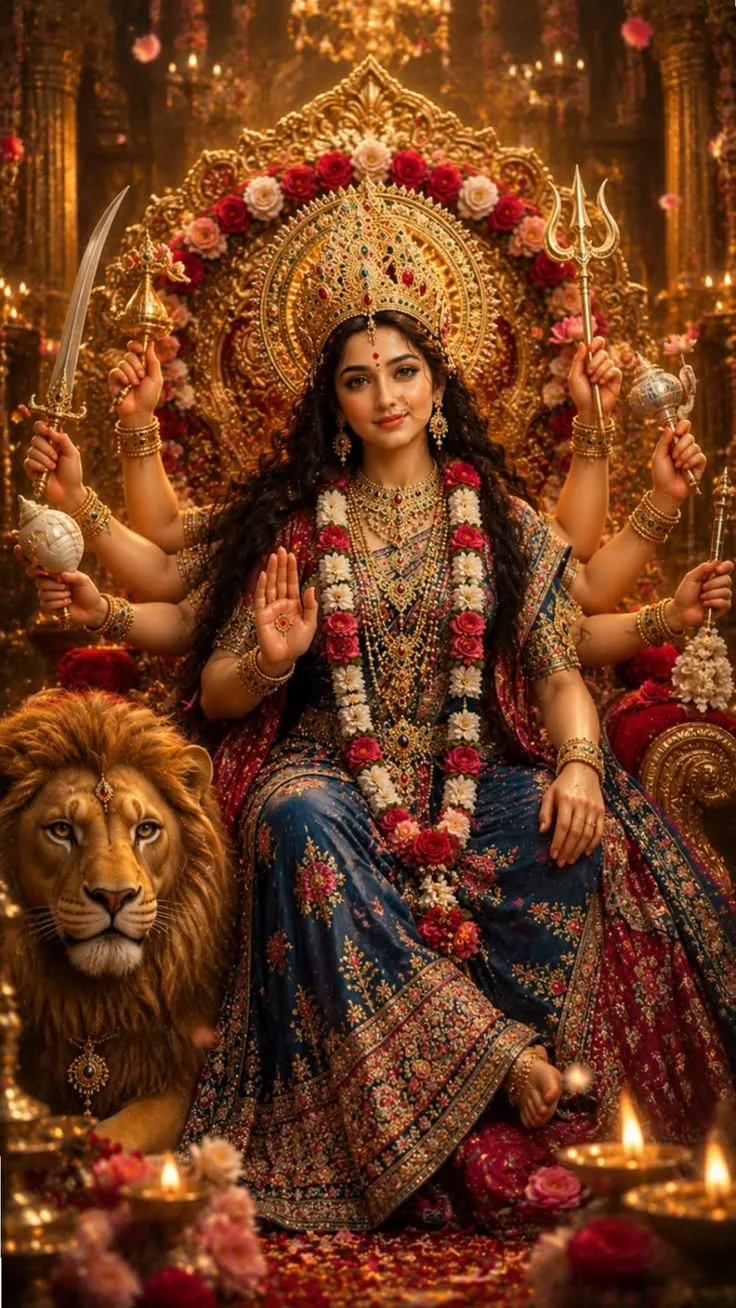 durga ji photo wallpaper — lion, blessing hand, diyas.