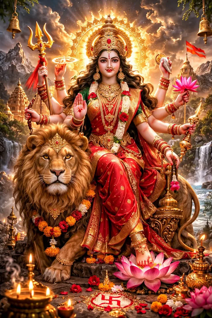 durga ji wallpaper download — कमल, दीये, आशीर्वाद मुद्रा।