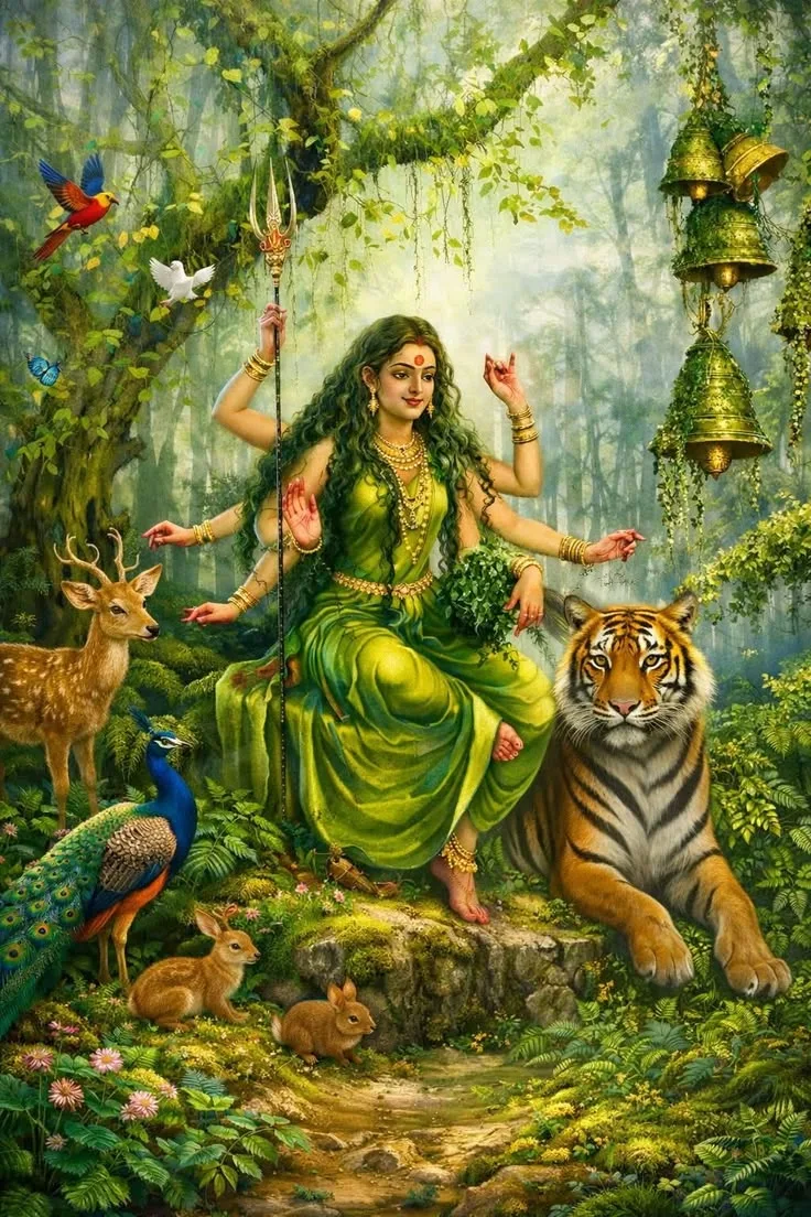 durga ji images — tiger, deer, peacock, rabbits, trishul.