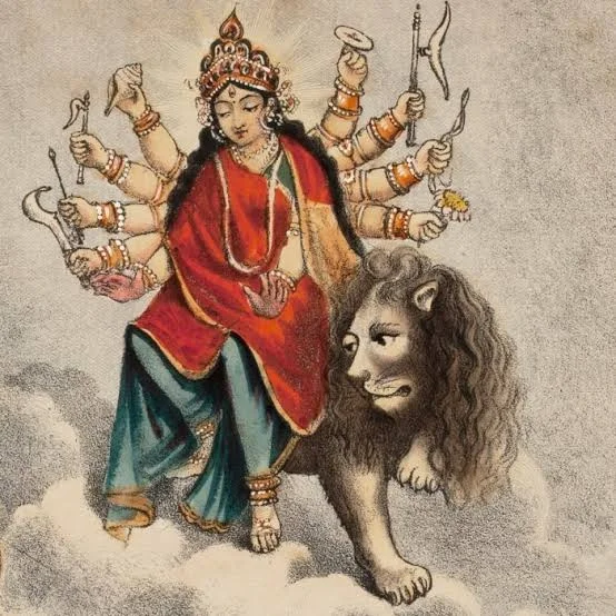 हाथ से बनी प्राचीन भारतीय लोक कला शैली में मां दुर्गा की तस्वीर