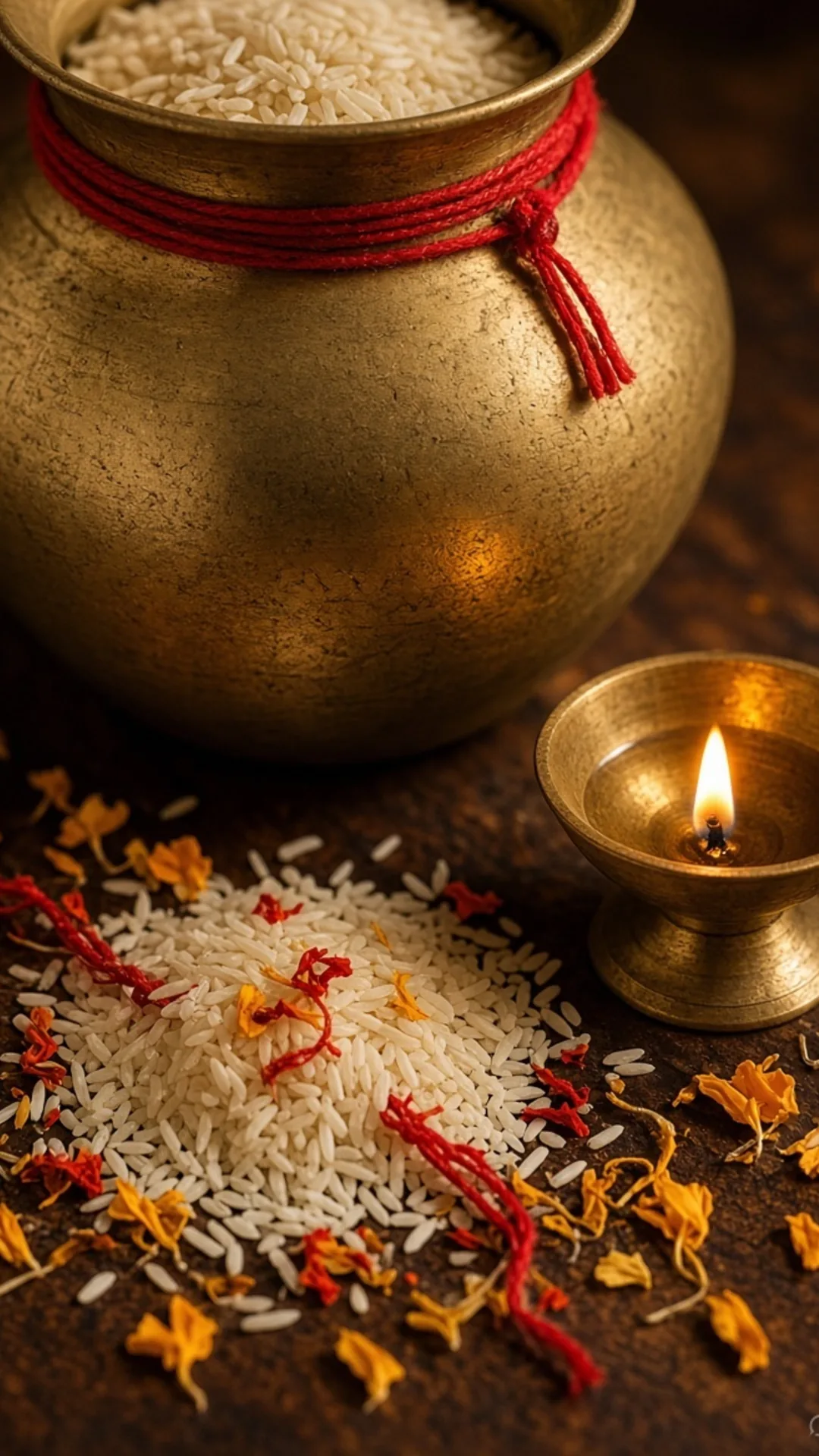 दुर्गा संकल्प अक्षत चावल लाल धागा कलश