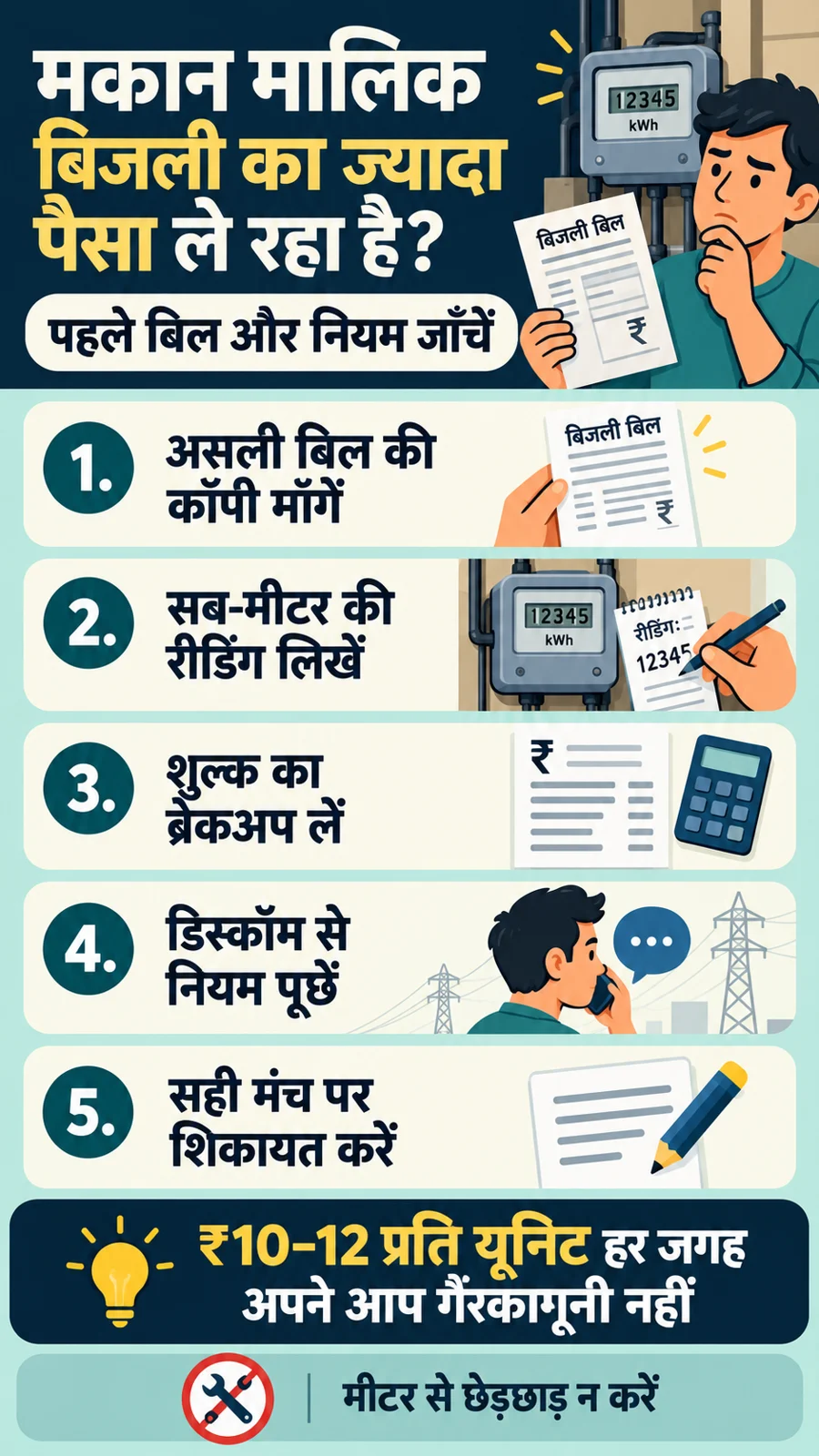मकान मालिक बिजली का ज्यादा पैसा ले रहा है तो असली बिल और शिकायत की पाँच कदम checklist