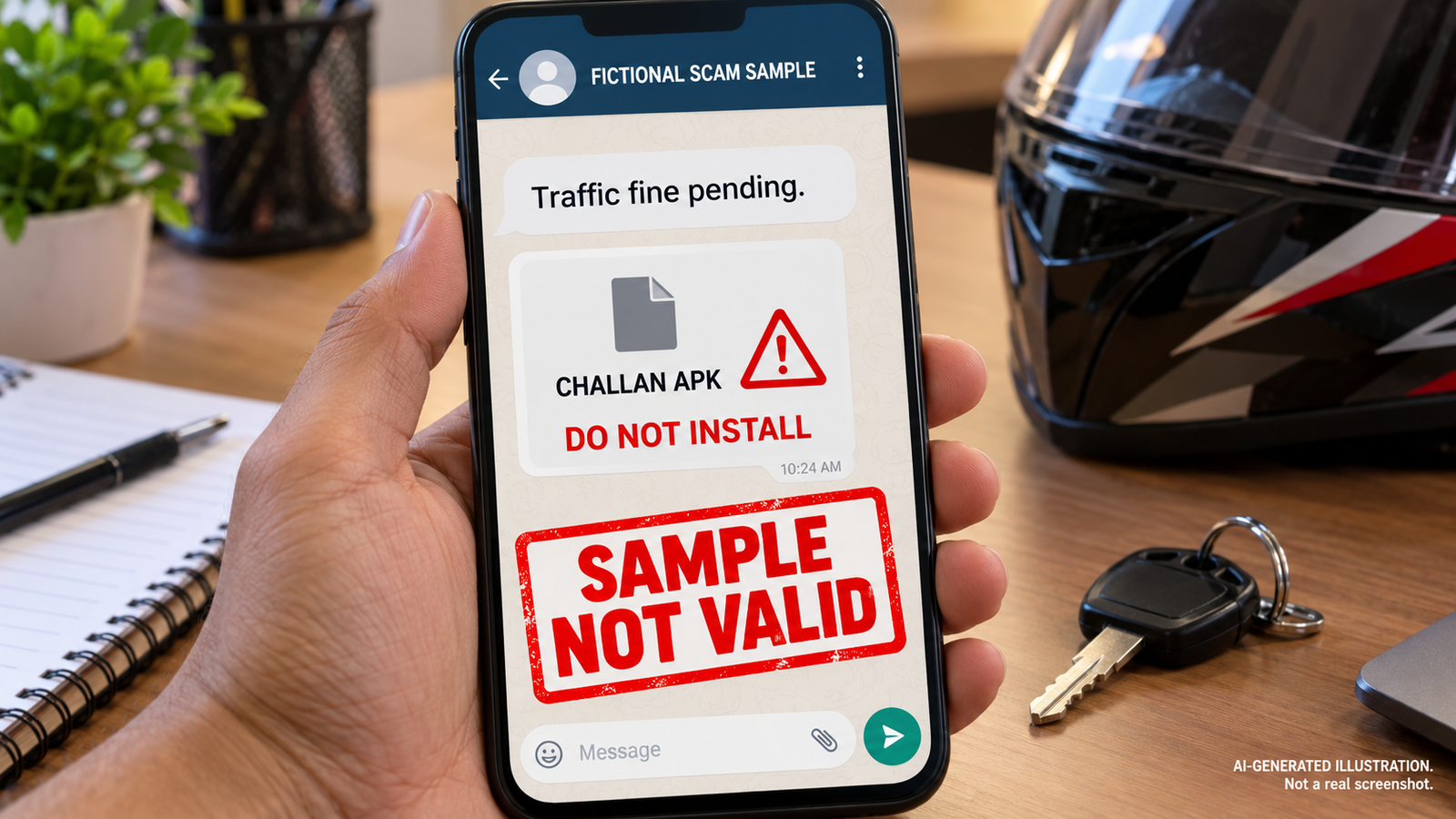 Fictional fake challan message warning against installing an APK (AI-generated illustration) Fictional fake challan message warning against installing an APK (AI-generated illustration)
