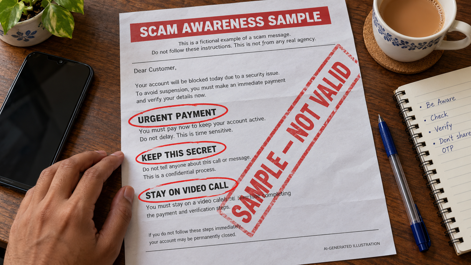 Fictional notice highlighting urgent payment, secrecy and video-call demands (AI-generated illustration)