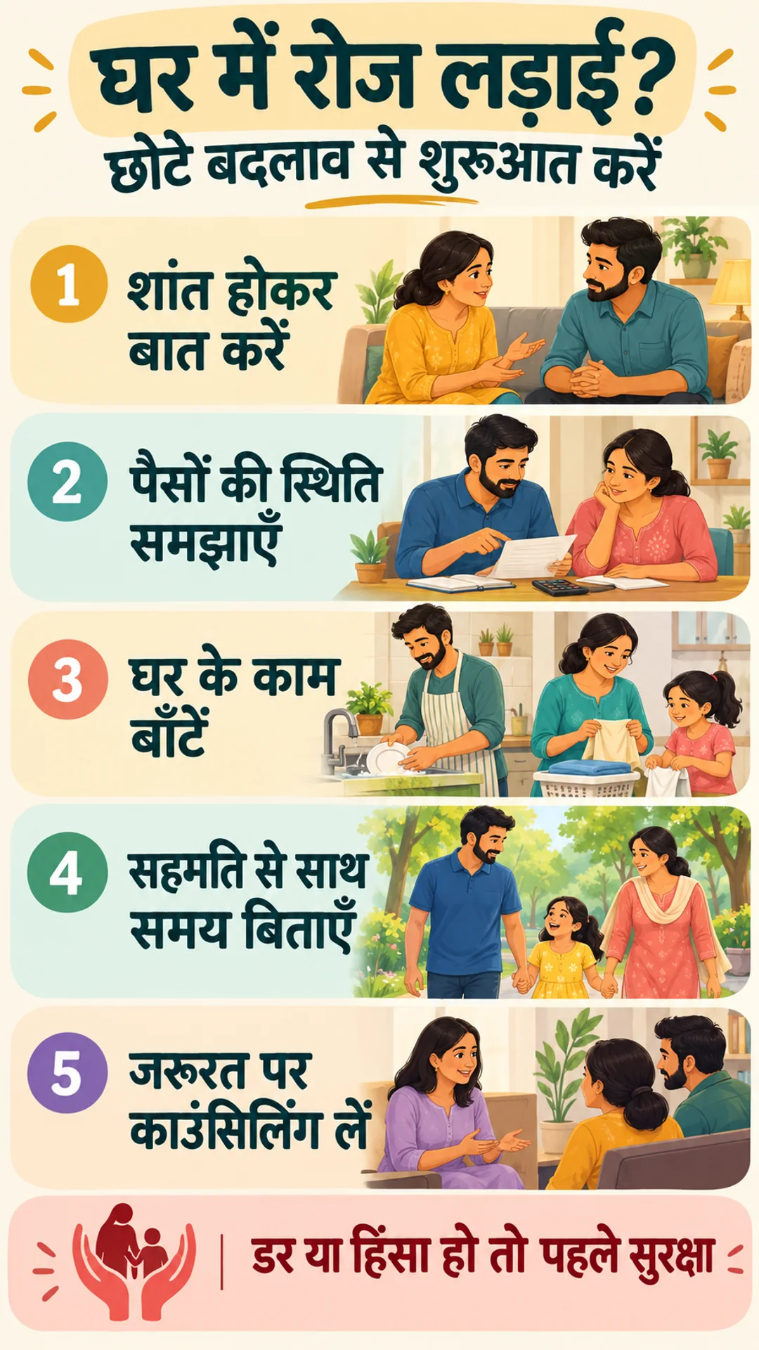 घर में रोज लड़ाई हो तो क्या करें: छोटे बदलाव का पोस्टर