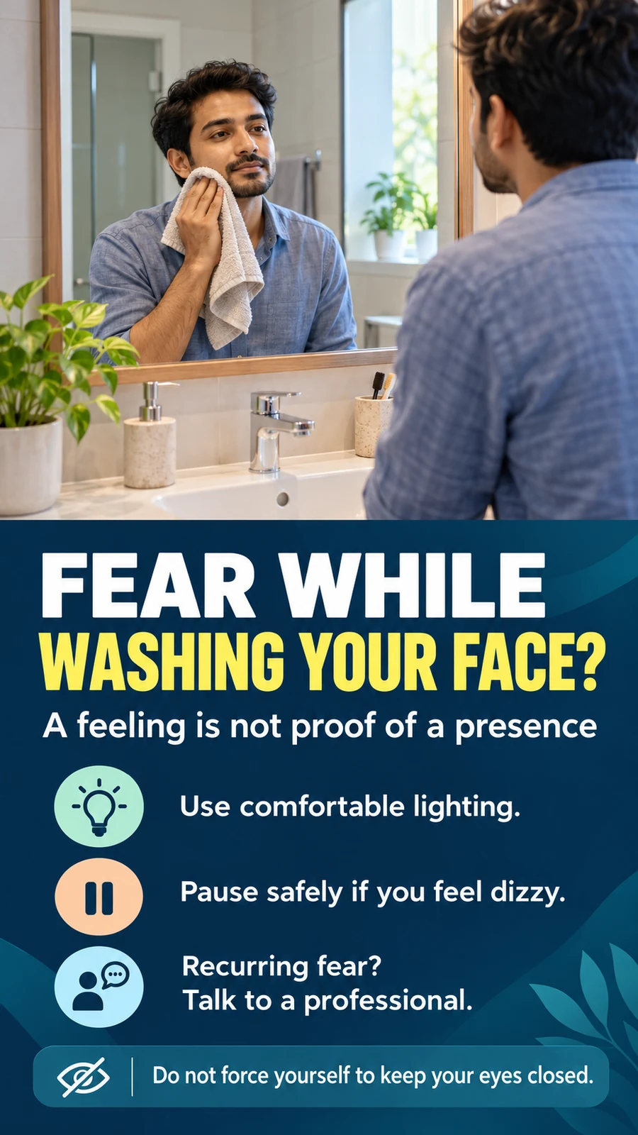 Fear while washing your face poster with comfortable lighting, safe pause and professional support advice