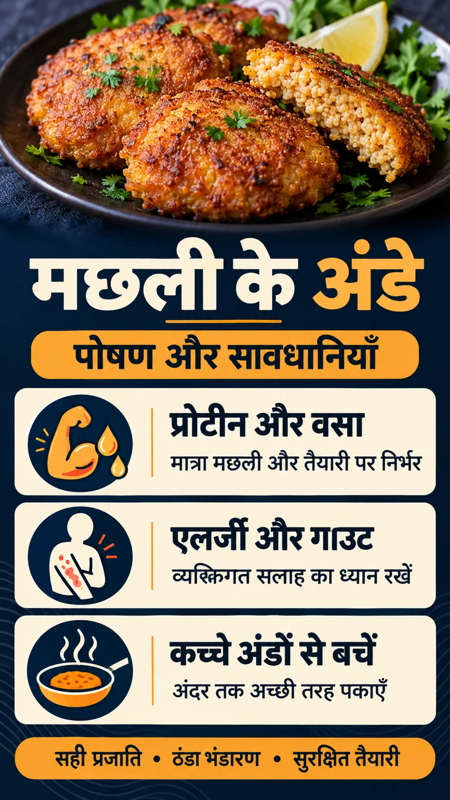 मछली के अंडे खाने के नुकसान, एलर्जी, गाउट और सुरक्षित तैयारी का हिंदी सूचना पोस्टर