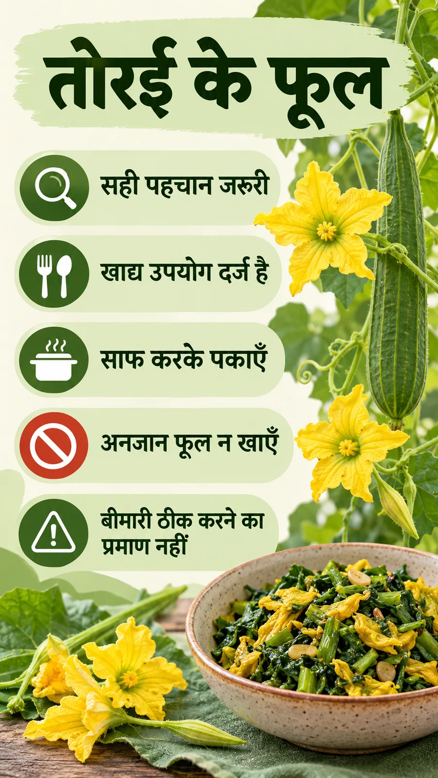 तोरई के फूल: सही पहचान और सुरक्षित तैयारी का सूचना पोस्टर