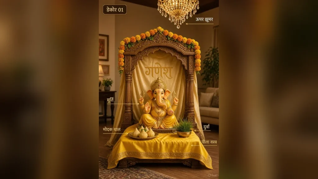 गणेश जी डेकोरेशन आइडियाज | घर में मंडप, गेट और लाइट सेटअप