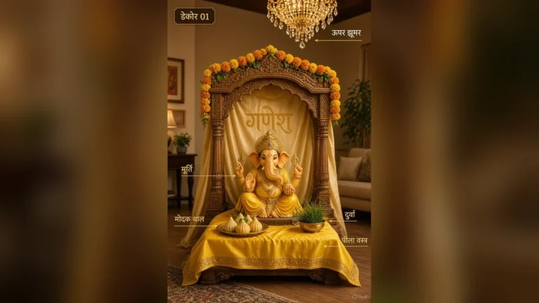 छोटा गणेश मंडप: मूर्ति केंद्र में, मोदक-दुर्वा साथ, पीला वस्त्र और ऊपर झूमर।