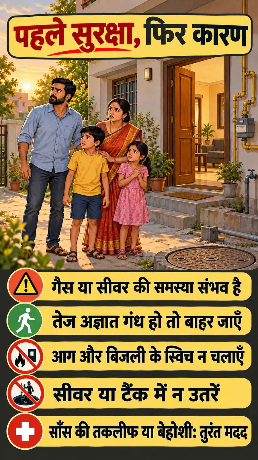 घर में सड़े अंडे जैसी बदबू पर कारण और सुरक्षित कदम समझाता सांकेतिक हिंदी पोस्टर।