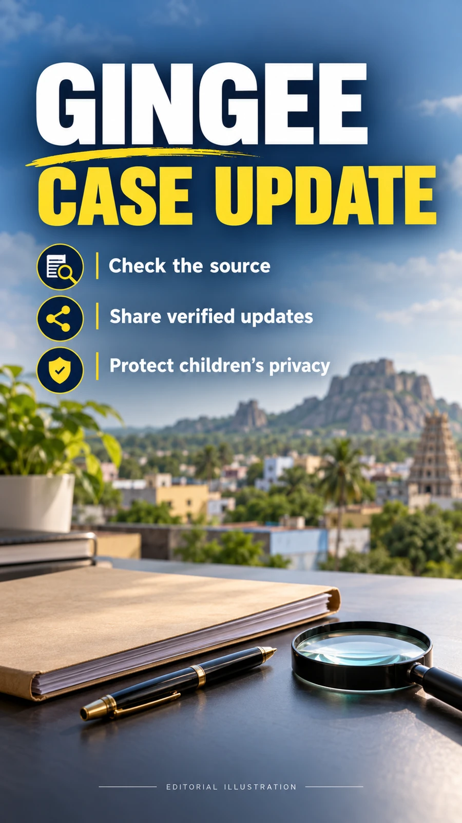 செஞ்சி வழக்கு தகவலைச் சரிபார்க்கவும் குழந்தைகளின் தனியுரிமையைப் பாதுகாக்கவும் கூறும் ஆங்கில வாசகங்களுடன் குறியீட்டுப் படம்