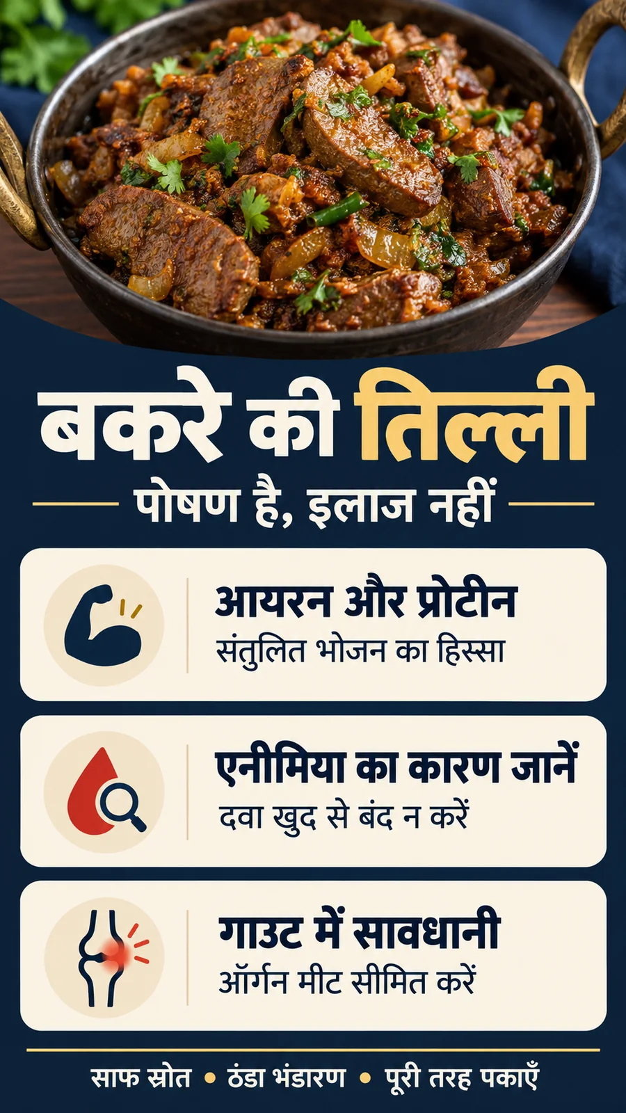 बकरे की तिल्ली खाने के फायदे: आयरन और प्रोटीन, एनीमिया के इलाज की सीमा और गाउट की सावधानी का पोस्टर