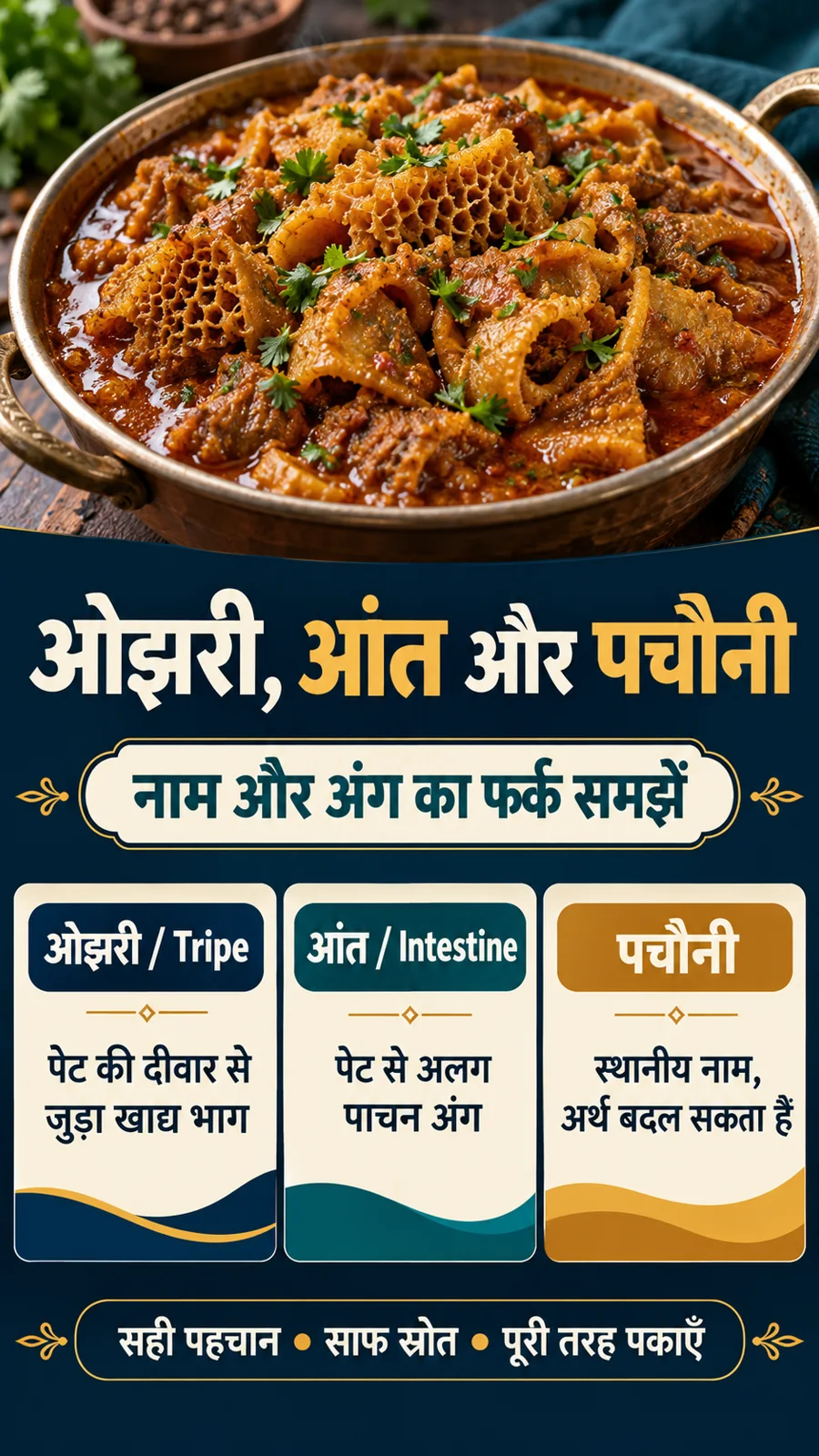 ओझरी, आंत और पचौनी में अंतर तथा सुरक्षित तैयारी का हिंदी सूचना पोस्टर