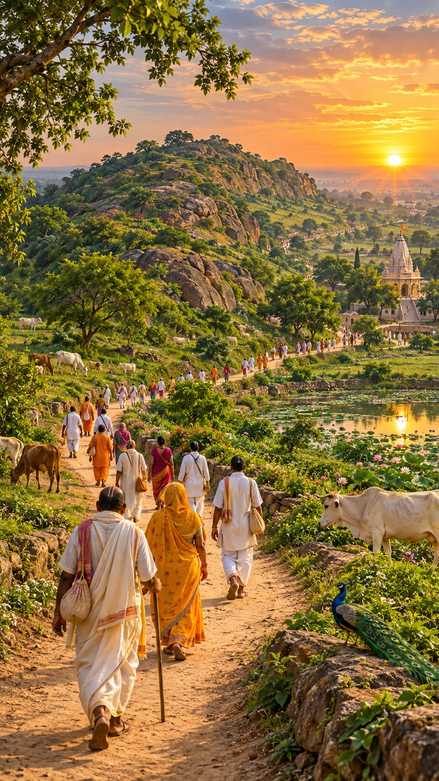 ગોવર્ધન પરિક્રમાથી પ્રેરિત માર્ગ પર શ્રદ્ધાળુઓનું કલાત્મક ચિત્ર