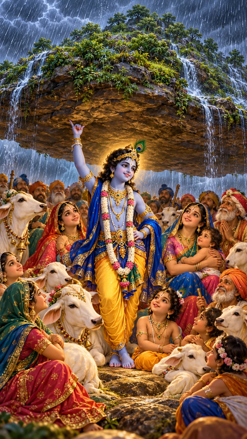 ગોવર્ધન નીચે વ્રજવાસીઓ અને ગાયોનું રક્ષણ કરતા શ્રીકૃષ્ણ