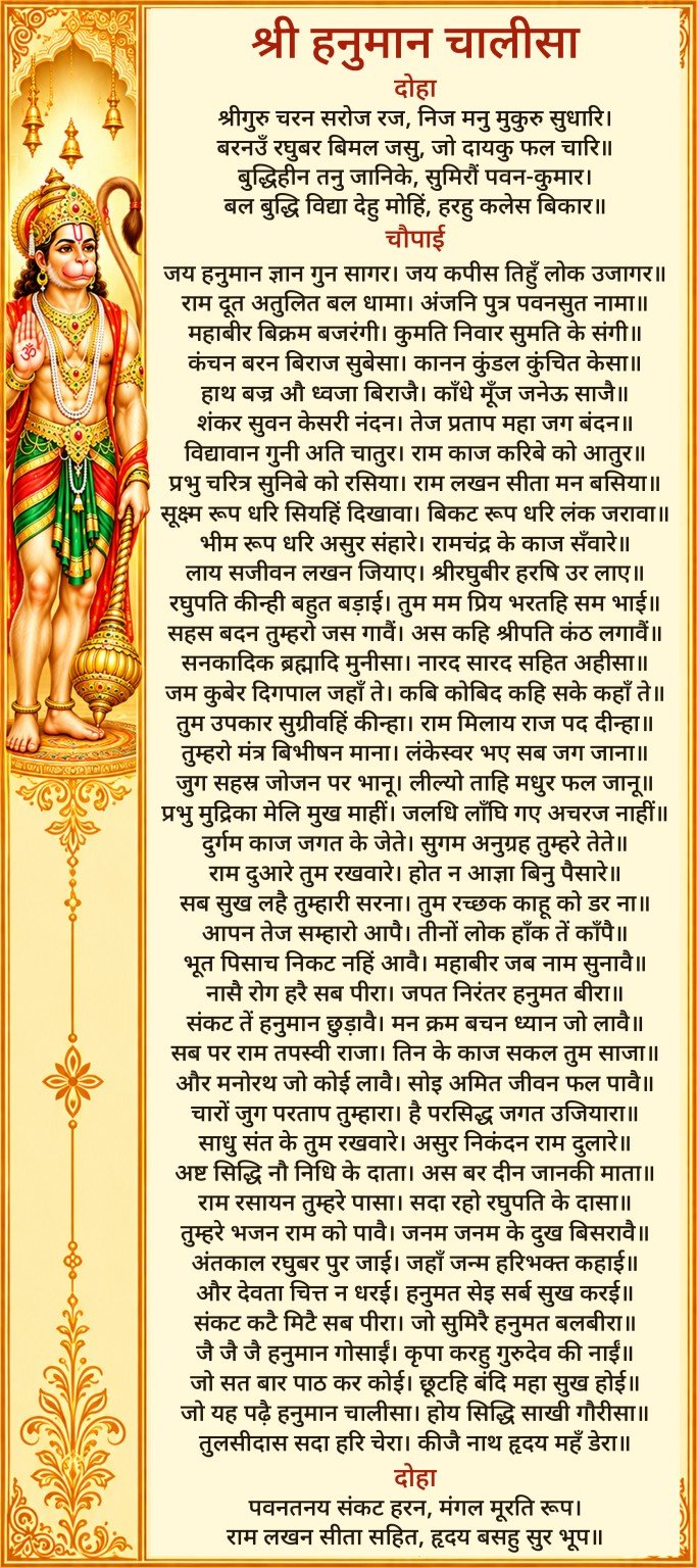 हनुमान चालीसा लिखित में फोटो — हिंदी में संपूर्ण दोहे और 40 चौपाइयाँ