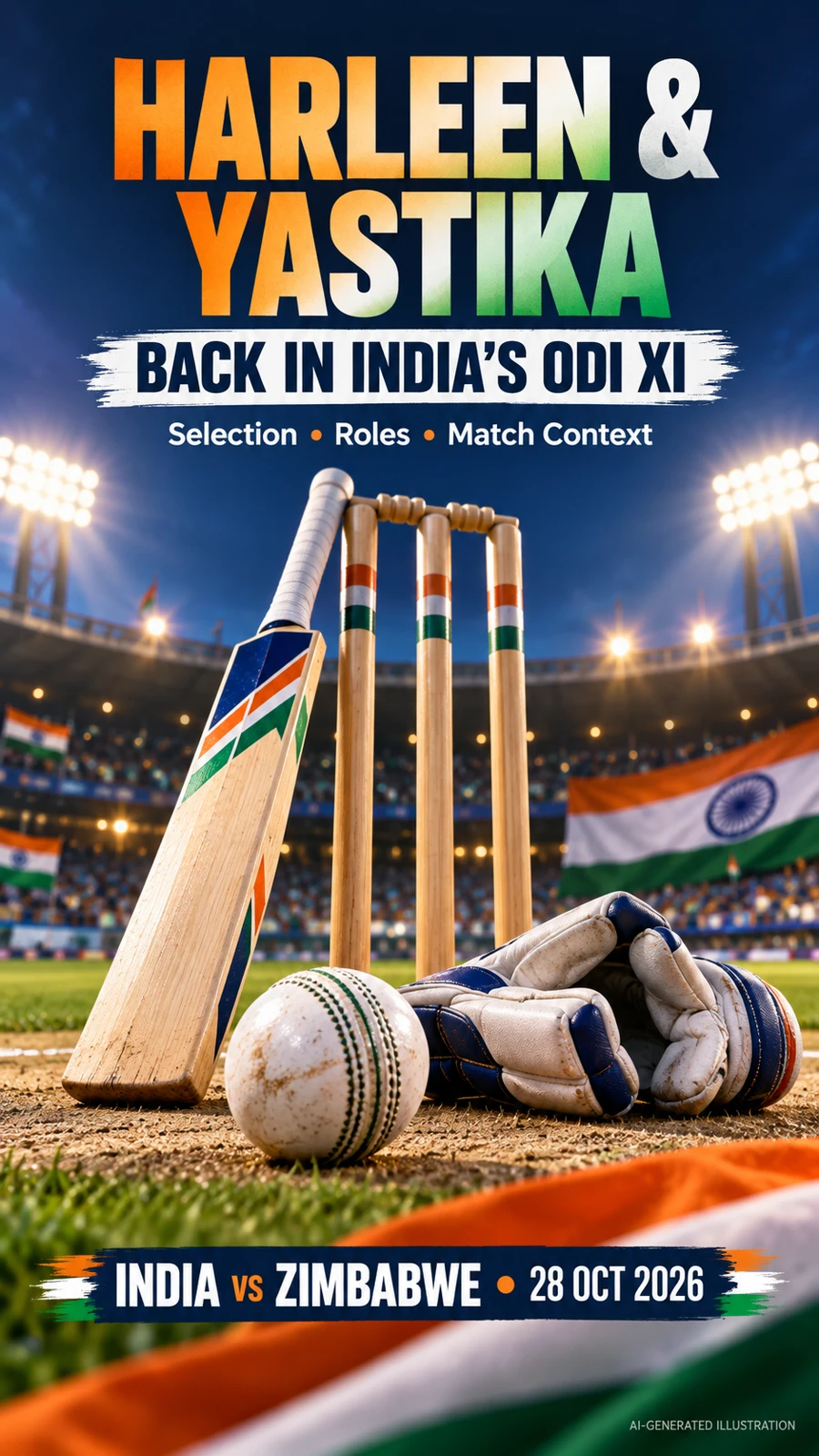 Harleen Deol and Yastika Bhatia ODI selection poster with cricket bat and wicketkeeping gloves