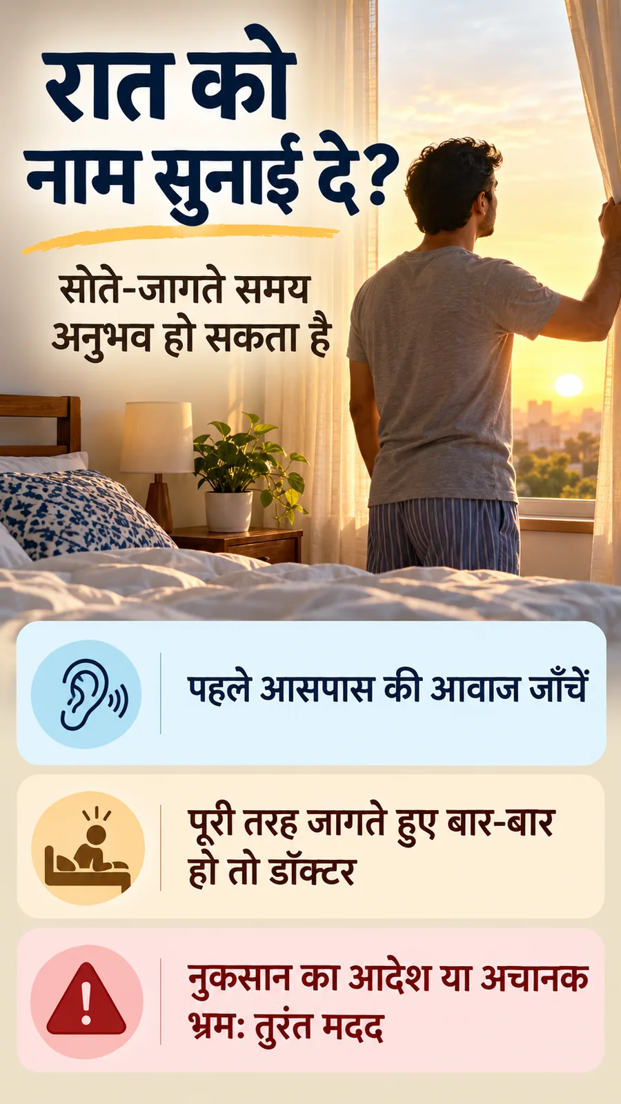 लक्षण और सुरक्षित कदम समझाता सांकेतिक हिंदी पोस्टर।
