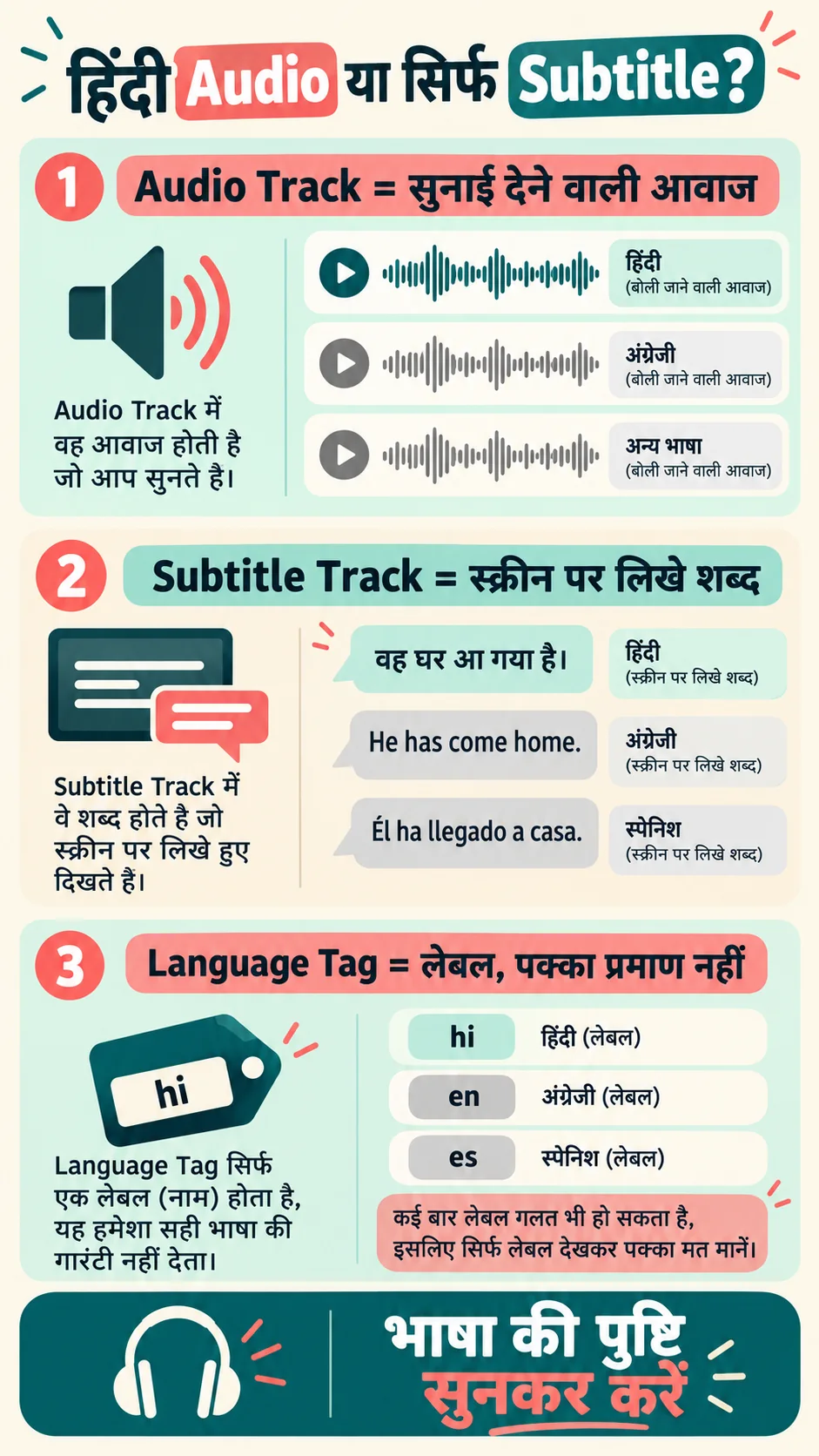 Hindi audio, subtitle और language tag का फर्क