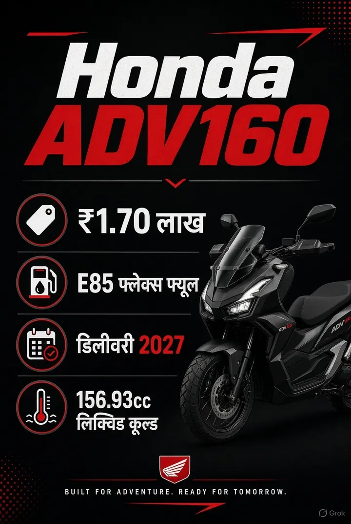 Honda ADV160 इन्फो पोस्टर: 1.70 लाख, E85, डिलीवरी 2027