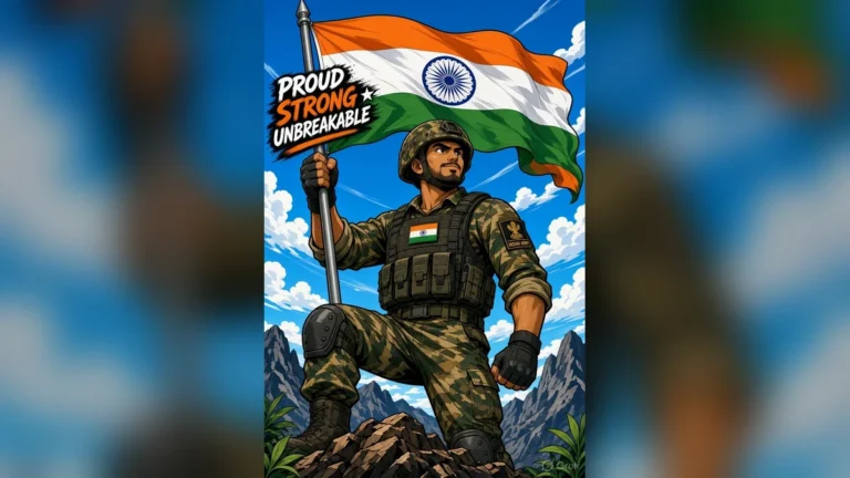 Proudt Strong Unbreakable — पहाड़ों की चोटी पर तिरंगा लहराता भारतीय वीर सैनिक।