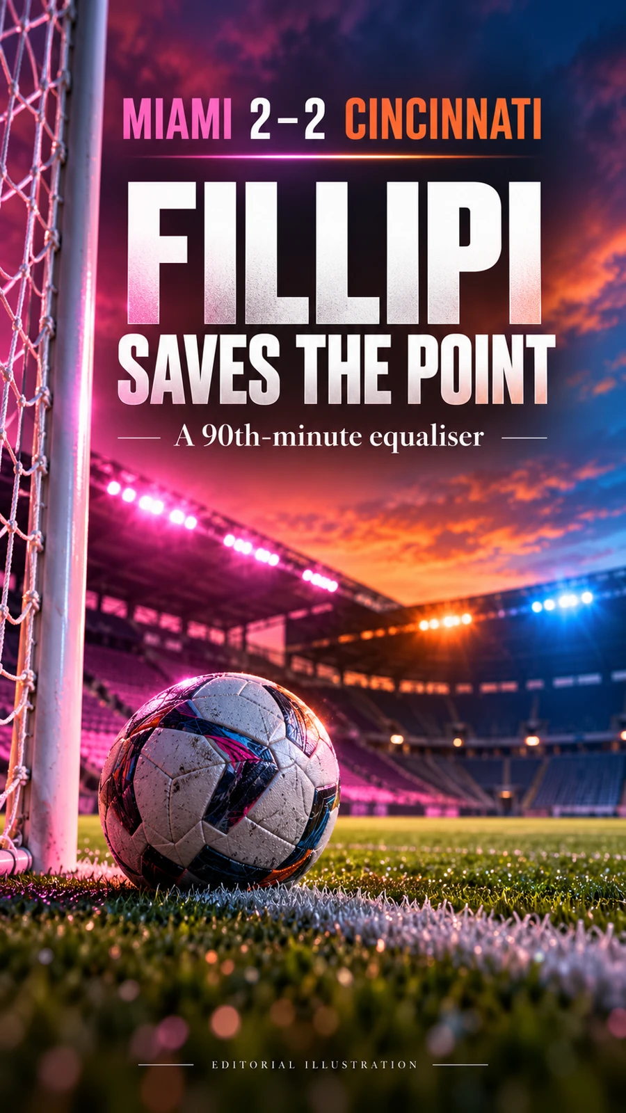 Football beside a goal with English text Miami 2–2 Cincinnati, Fillipi Saves the Point