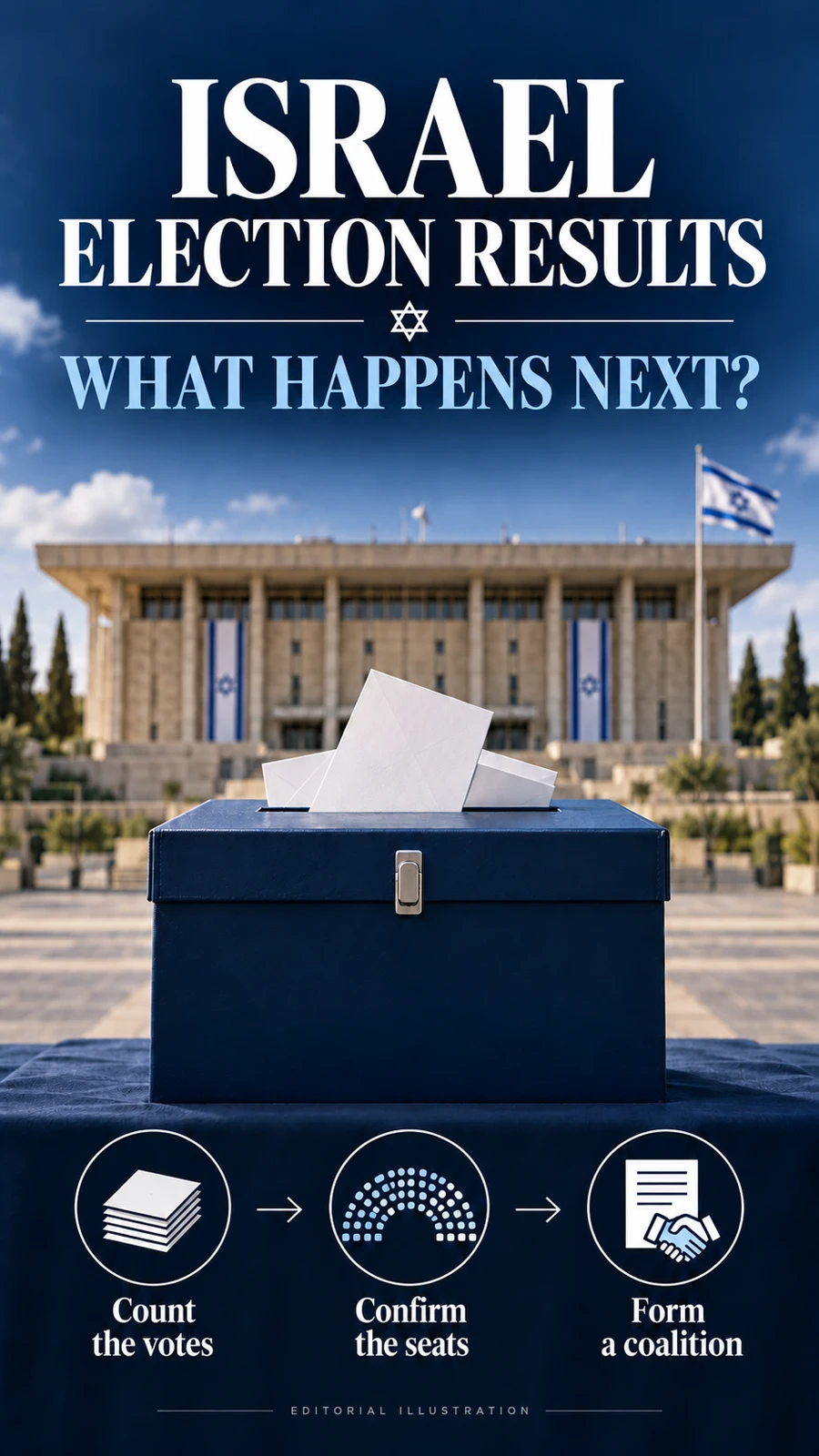Ballot box and Knesset illustration with English text Israel Election Results, What Happens Next, Count the Votes, Confirm the Seats, Form a Coalition