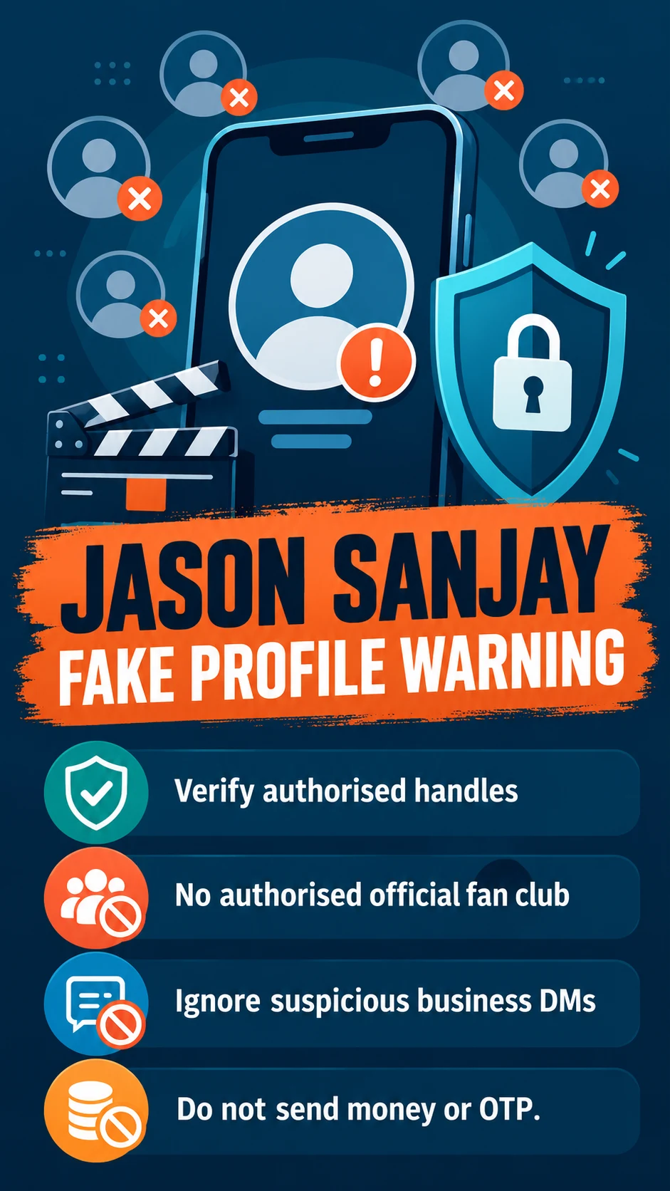 ஜேசன் சஞ்சய் Fake Profile Warning: Official Accounts எவை? போலி DM-களை கண்டறிவது எப்படி? — information poster