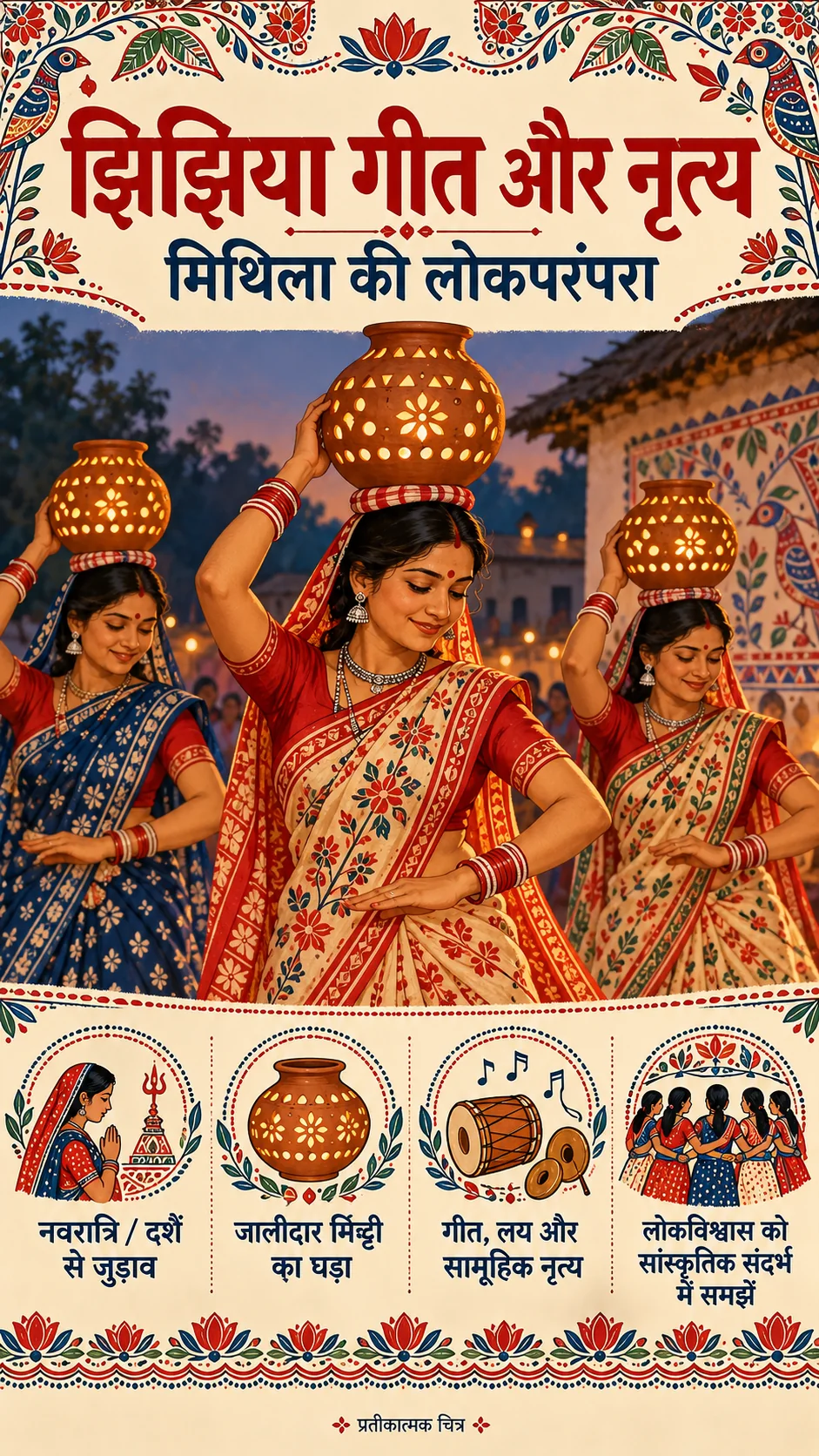 Jhijhiya geet and dance — Hindi Mithila cultural infographic