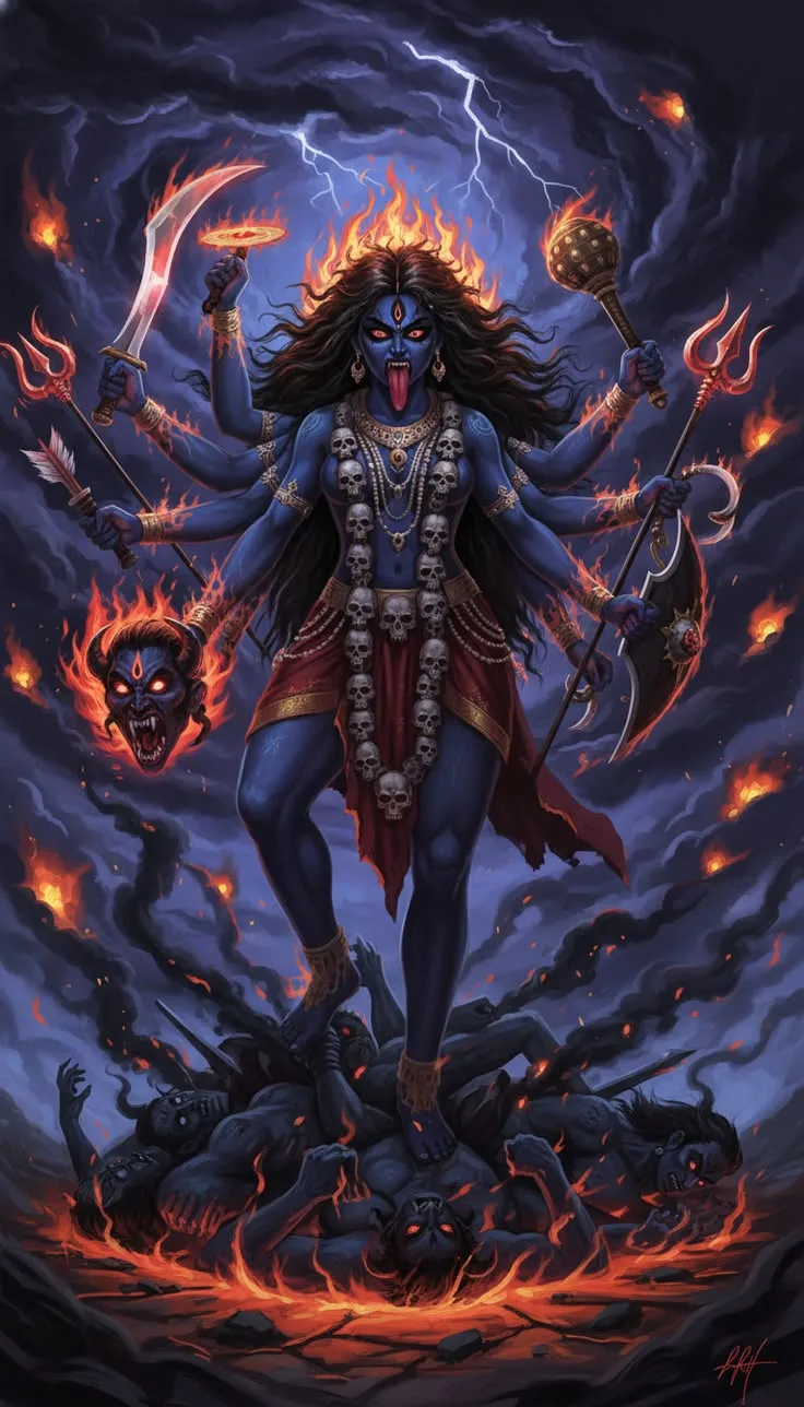 ज्वाला और बिजली, कई हथियार, असुरों पर खड़ी मुद्रा।