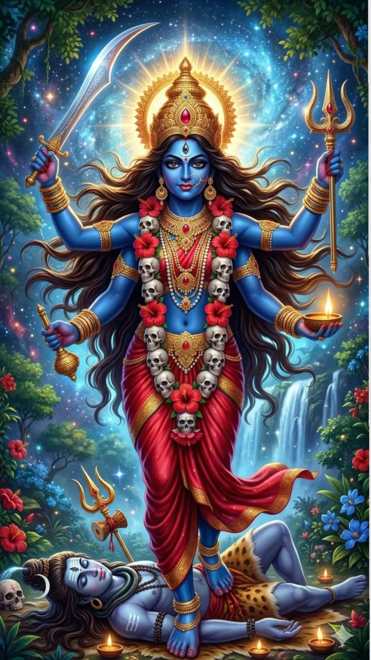 फूलों का जंगल, झरना, तलवार, त्रिशूल और दीया।