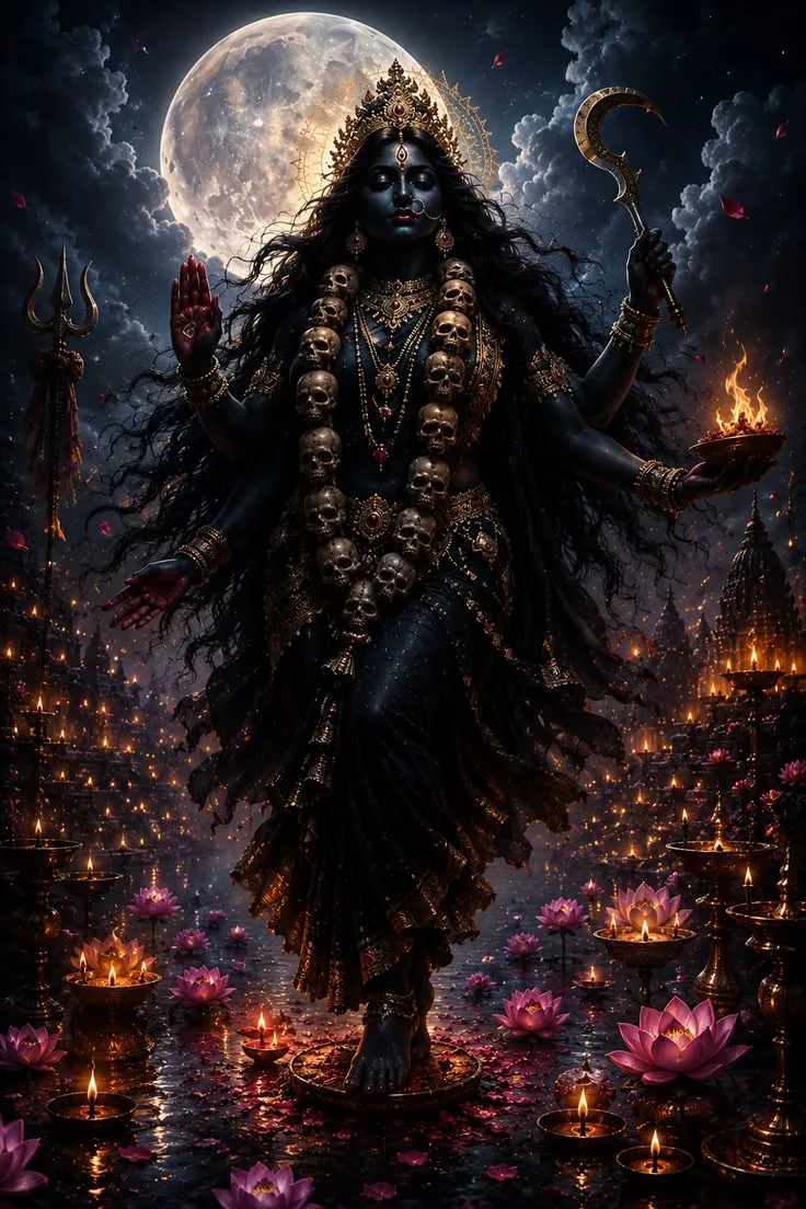 kolkata kali ji image — पूर्णिमा, कमल दीये, आशीर्वाद हाथ और अग्नि पात्र।