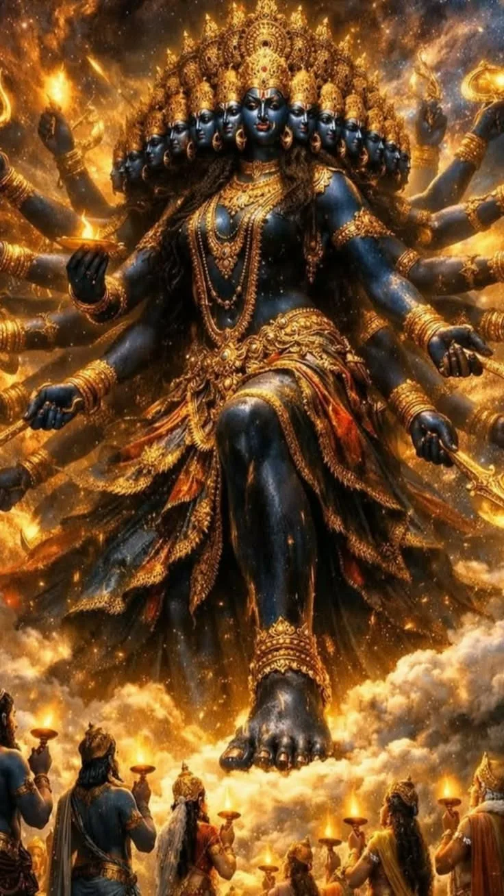 काली जी इमेज — बहुमुखी रूप, बादलों पर, दीये लिए भक्त।