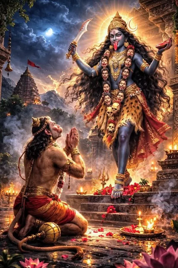 kali ji image png — मंदिर की सीढ़ियाँ, प्रार्थना में हनुमान, दीये।